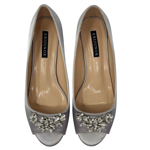 NWT ERIJUNOR Kitten Heel Satin Party/Dance Pumps Silver Rhinestone Brooch 7.5 - Picture 8 of 15